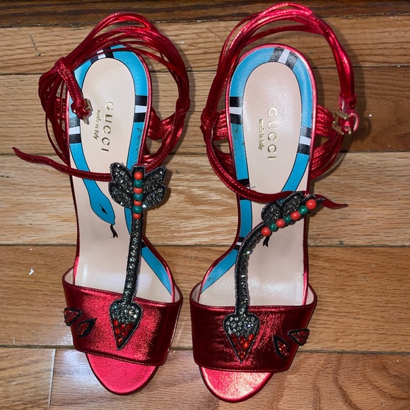 Gucci Red Leather Strappy Allie Knot Ankle Strap Slingback Sandals - Picture 2 of 7